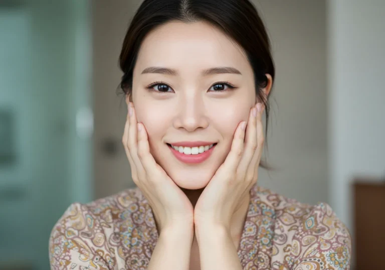 가능동 출장마사지 후 만족스럽게 미소 짓는 한국 여성이 서비스 체험을 나타내는 후기 장면입니다.