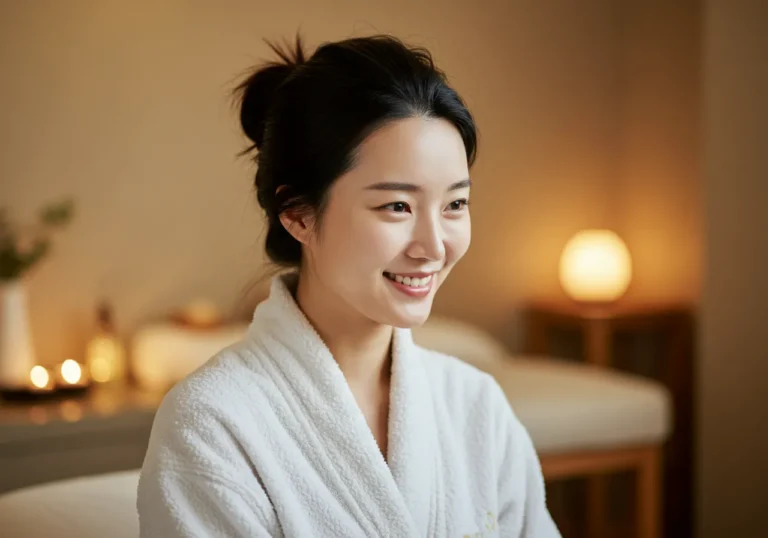 거모동 출장마사지 케어 후 활력을 되찾은 40대 한국 여성의 환한 미소와 만족도