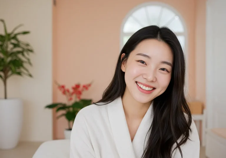 거북섬 홈타이 바다 향기 가득한 힐링 케어로 완전한 휴식을 즐기는 50대 한국 여성의 평온한 미소