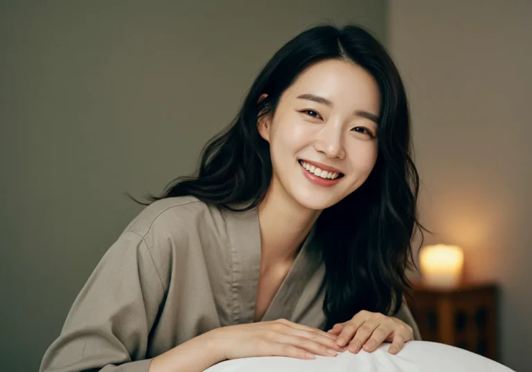 경기광주 출장마사지 이용 후 만족스러워하는 30대 한국 여성의 밝은 표정과 후기
