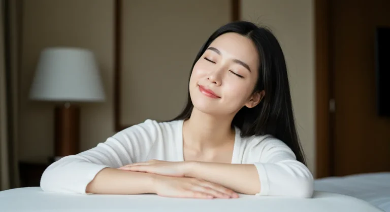 경기도 출장마사지 이용 후 만족스러운 미소를 짓는 한국 여성 고객 이미지로 서비스의 신뢰성을 전달합니다.