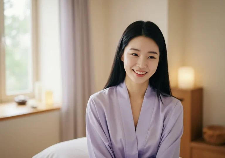 계수동 홈타이 케어를 받은 후 개운함을 표현하는 20대 한국 여성의 환한 웃음