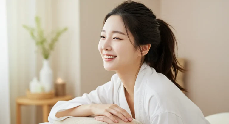 고색동 홈타이 모찌바디 서비스 이용 후 만족하는 한국 여성의 편안해하는 표정으로 발안역 대단지 아파트 주민들의 높은 서비스 품질 만족도를 나타내는 이미지