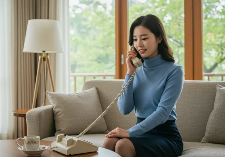 고색동 타이마사지 모찌바디 예약 문의 전화로 예약하는 한국 사람의 편리한 예약 상황으로 발안역 행정중심지 거주민들의 간단하고 빠른 서비스 예약 과정을 보여주는 이미지