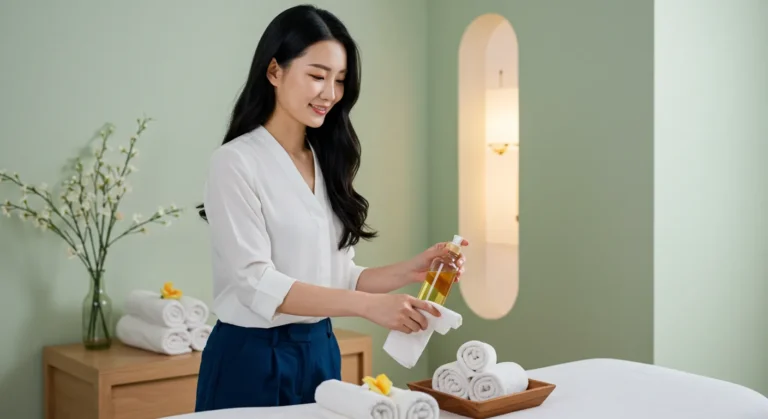 전문 관리사의 방문 케어 장면 사진으로, 고양 출장마사지 진행 환경과 위생 수칙을 나타냄.