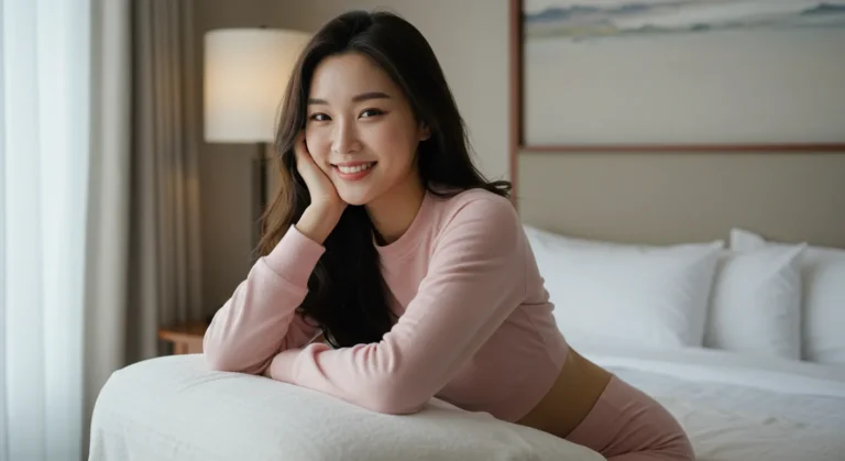 고척동 출장마사지 이용 후 만족한 여성 고객 모습 — 조용한 실내 환경