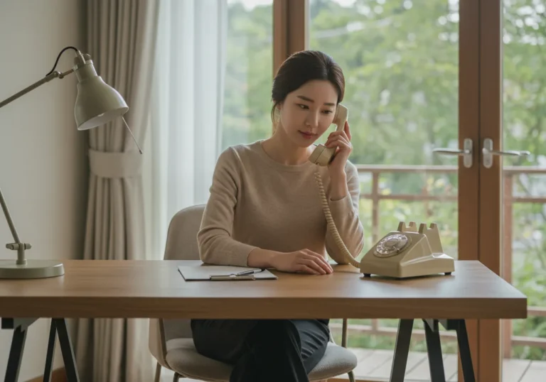 곡반정동 타이마사지 모찌바디 조용한 예약 시스템으로 전화로 예약하는 한국 사람의 차분한 예약 과정으로 성균관대역 교육환경 고객들을 위한 정숙한 서비스 예약 이용 모습