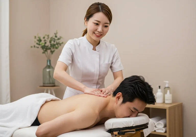 곤지암읍 홈타이 전문 한국 관리사가 관광객 맞춤 마사지를 정성껏 시행하는 장면