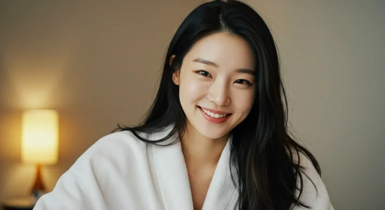 광명 출장마사지 이용 후 만족스러워하는 30대 한국 여성의 밝은 표정과 후기