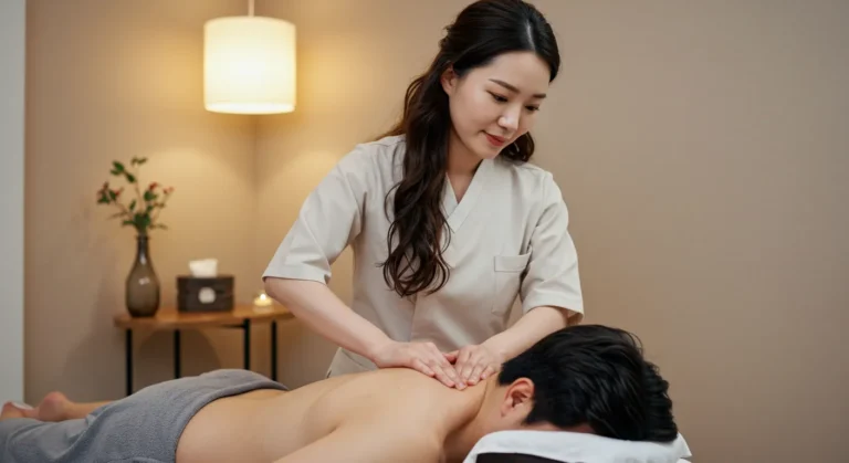 광명 출장안마 전문 한국인 여성 관리사가 고객에게 정성스럽게 마사지 시술하는 모습