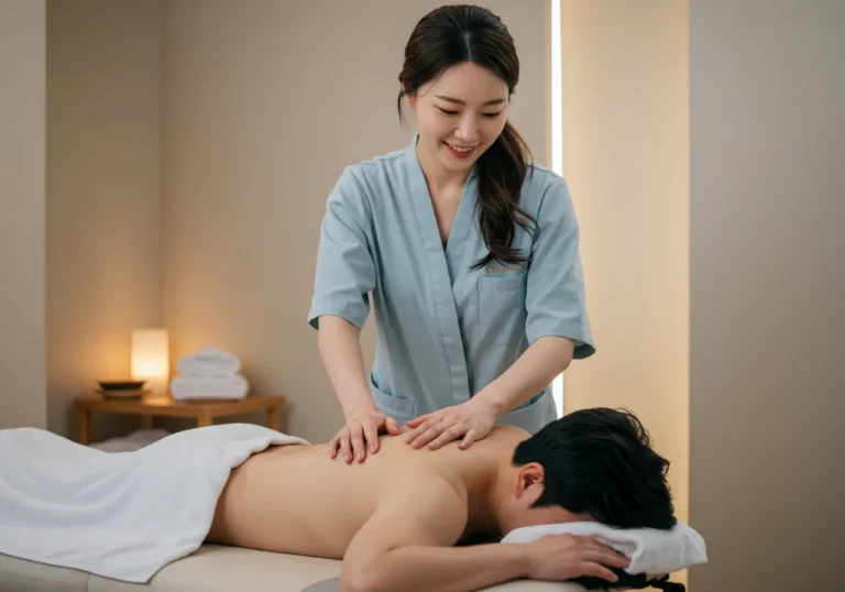 구운동 출장안마 모찌바디 신속 대응 전문 한국 마사지 관리사가 효율적인 케어를 제공하는 모습으로 세마역 일대 통근족 고객들을 위한 빠른 홈케어 서비스 장면