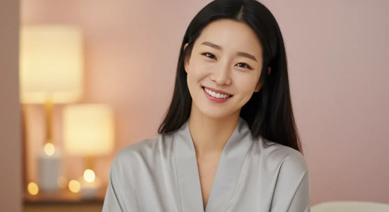 권선동 홈타이 모찌바디 서비스 이용 후 만족하는 한국 여성의 개운한 표정으로 수원시청역 공무원들의 업무 피로 해소 효과를 보여주는 만족도 이미지