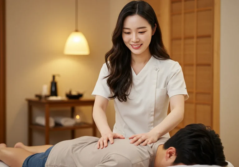 궐동 타이마사지를 하고 있는 한국 마사지 관리사가 산후조리 전문기법 시술하는 장면