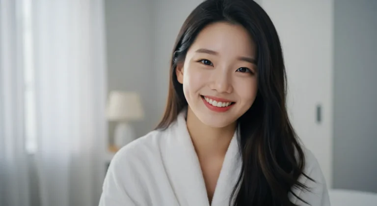 금곡동 홈타이 모찌바디 서비스 이용 후 만족하는 한국 여성의 우아한 표정으로 광교중앙역 고급 주거민들의 프리미엄 서비스 만족도를 보여주는 품격 있는 이미지