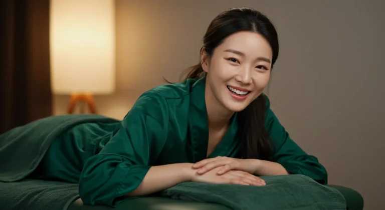 기안동 홈타이 이용 후 만족하는 한국 여성이 동료들과 함께 밝게 웃는 모습