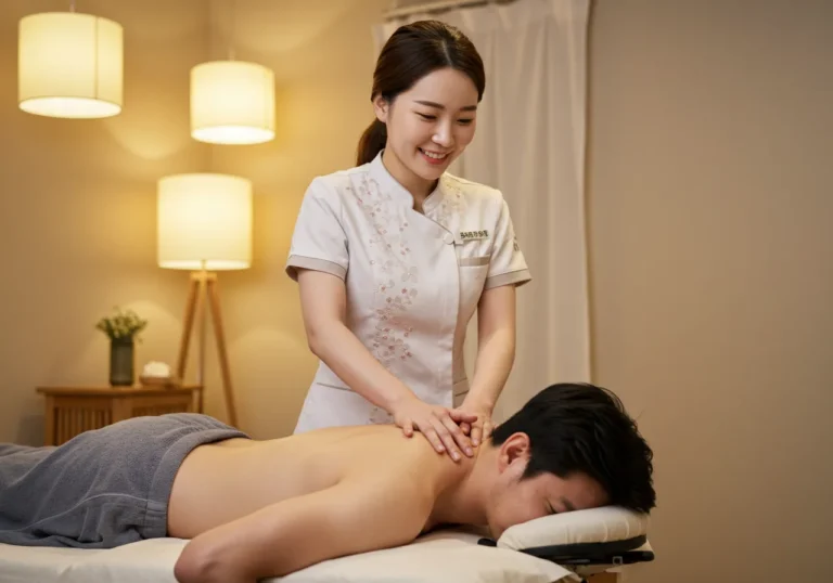 기안동 타이마사지를 하고 있는 한국 마사지 관리사가 의자에 앉은채로 목어깨 집중케어하는 장면