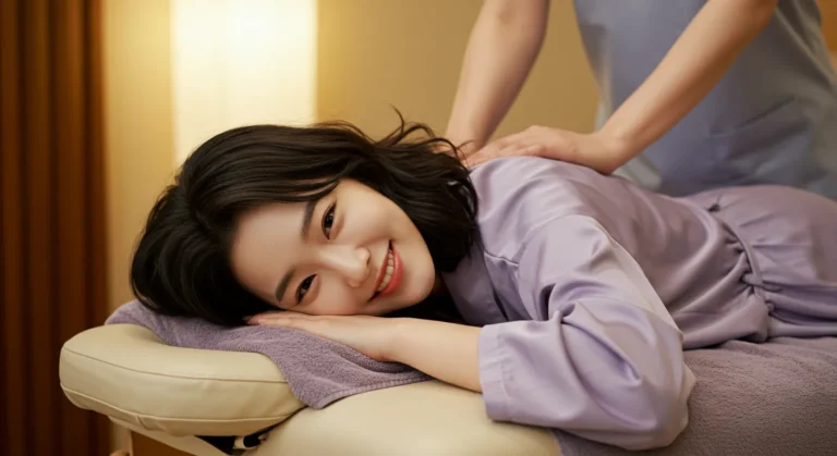 능동 홈타이 이용 후 만족하는 한국 여성이 스트레칭하며 개운해하는 모습