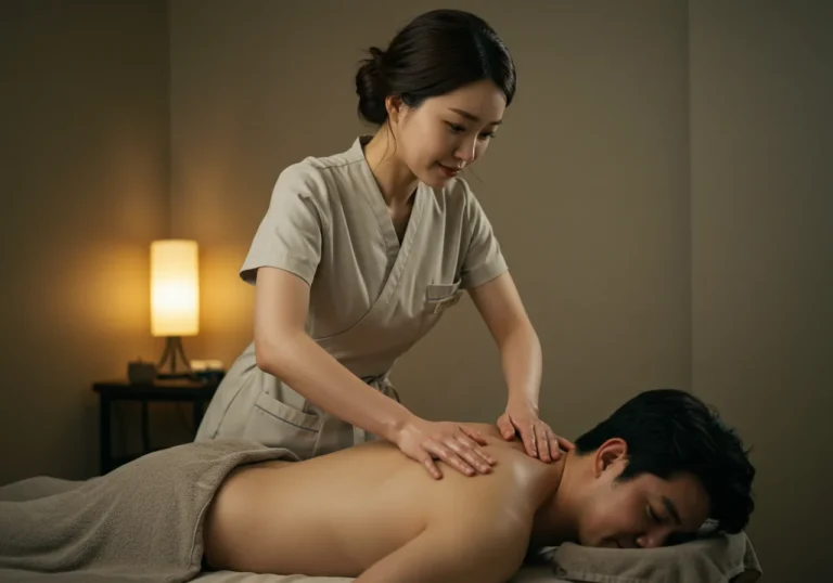 능평동 출장안마 소상공인 전문 한국 여성 관리사가 업무 피로 해소에 특화된 마사지를 시연하는 전문적 장면
