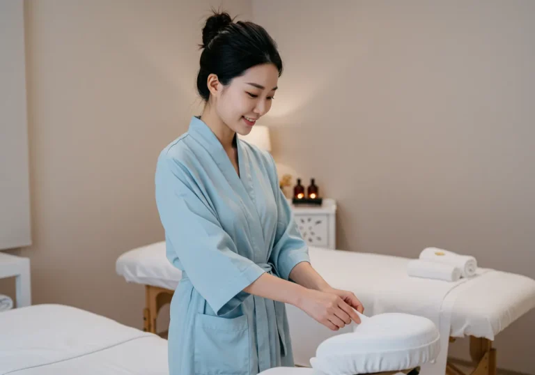 대방동 출장마사지 진행 사진—표준 드레이핑과 손위생·소독 등 위생 절차를 준수하며 관리하는 장면입니다.