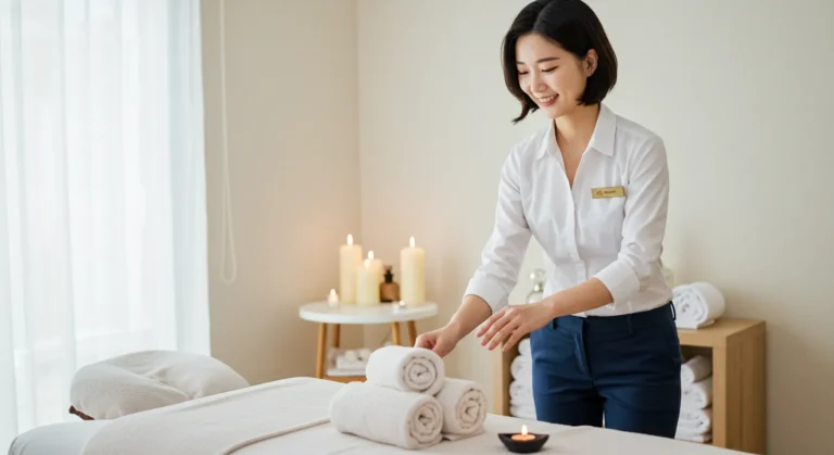 전문 관리사 방문 장면으로 덕양구 출장마사지 진행 단계와 위생 기준을 시각적으로 설명한 절차 이미지.