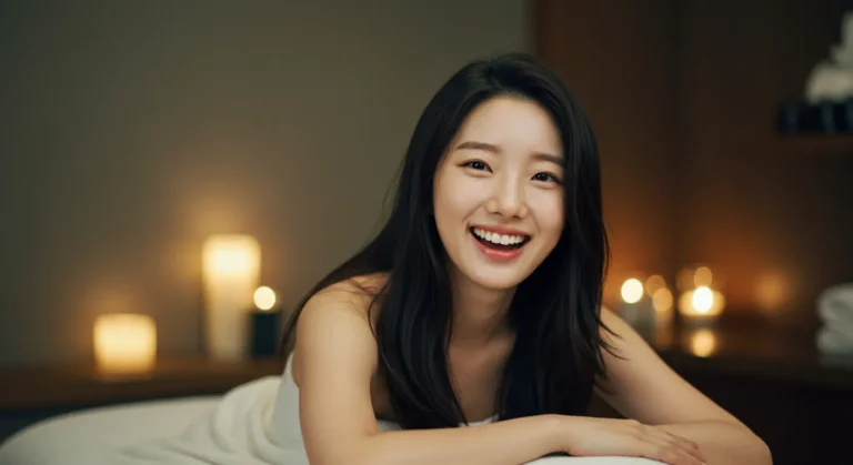동탄 홈타이 이용 후 만족하는 한국 여성이 센트럴파크에서 요가하며 건강한 모습