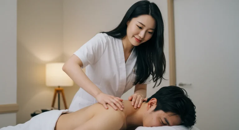 동탄 타이마사지를 하고 있는 한국 마사지 관리사가 최신 바디케어 장비로 관리하는 장면