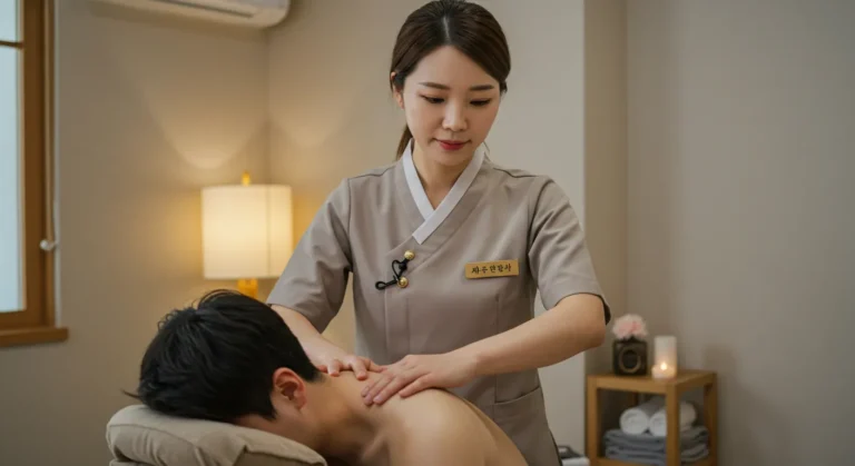 마도 타이마사지를 하고 있는 한국 마사지 관리사가 해초팩과 머드마사지 시술하는 장면