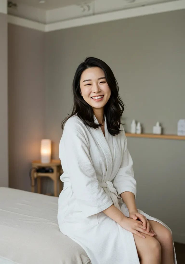 망우동 출장마사지 후 만족스러운 미소의 여성 고객