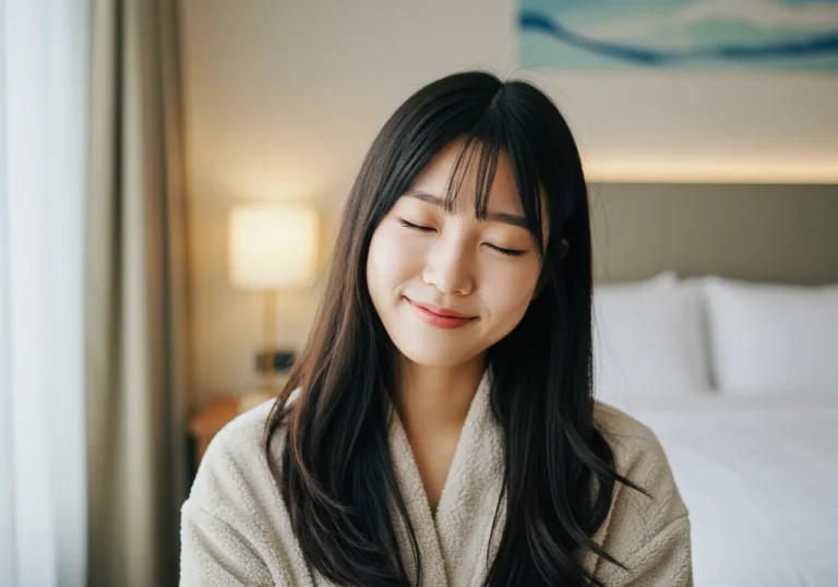 망원동 출장마사지 후기 이미지—케어 후 편안한 표정, 저녁 이용 사례와 사후 스트레칭 안내 포함.