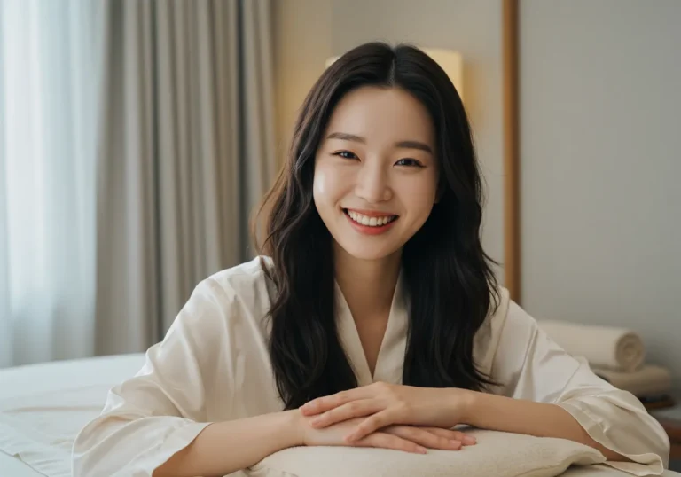 매교동 홈타이 모찌바디 서비스 이용 후 만족하는 한국 여성의 활기찬 표정으로 수원역 쇼핑객들의 피로회복 효과를 보여주는 만족도 이미지
