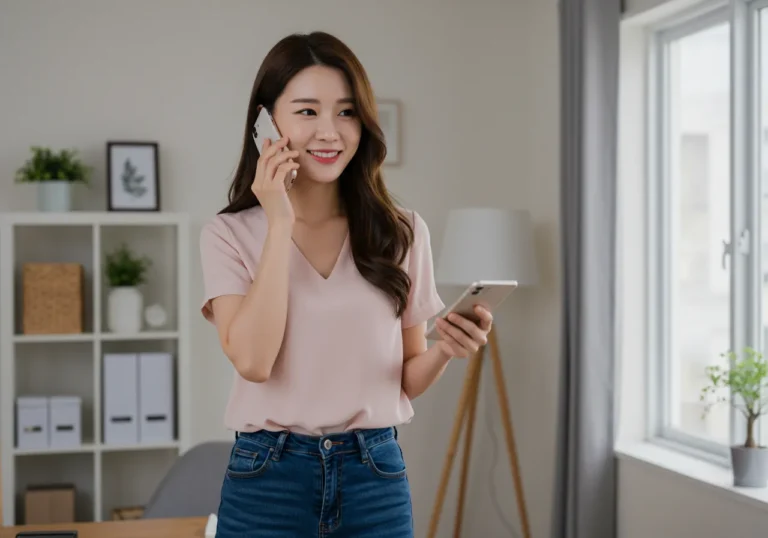 매교동 타이마사지 모찌바디 즉석 예약 시스템으로 전화로 예약하는 한국 사람의 편리한 예약 과정으로 수원역 쇼핑객들을 위한 당일 예약 서비스 이용 모습