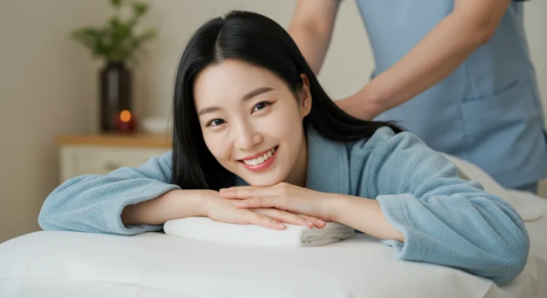 매송 홈타이 이용 후 만족하는 한국 여성이 야간근무 마치고 편안히 휴식하는 모습
