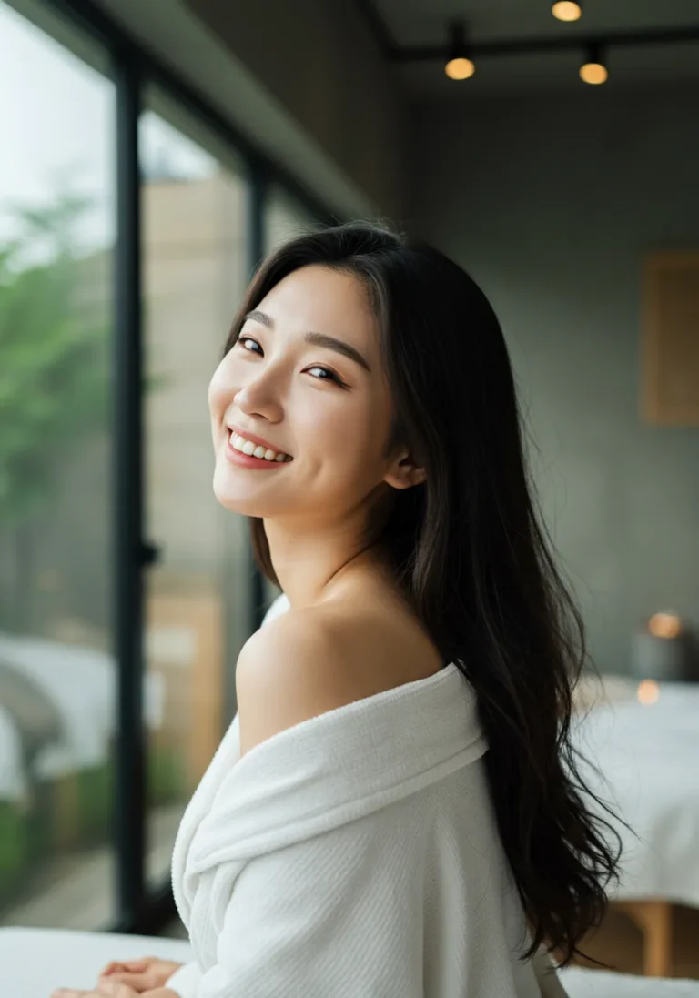 서울 면목동 출장마사지 후 만족한 미소를 짓는 여성 고객