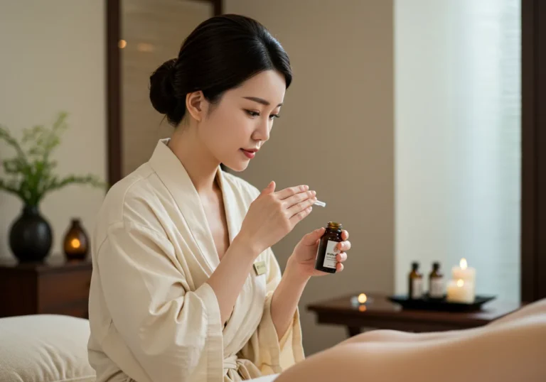 관리사 시연 이미지로 목동 출장마사지 압·스트레칭 동작을 보여주며 수건·장비 위생 관리 절차를 함께 설명합니다.