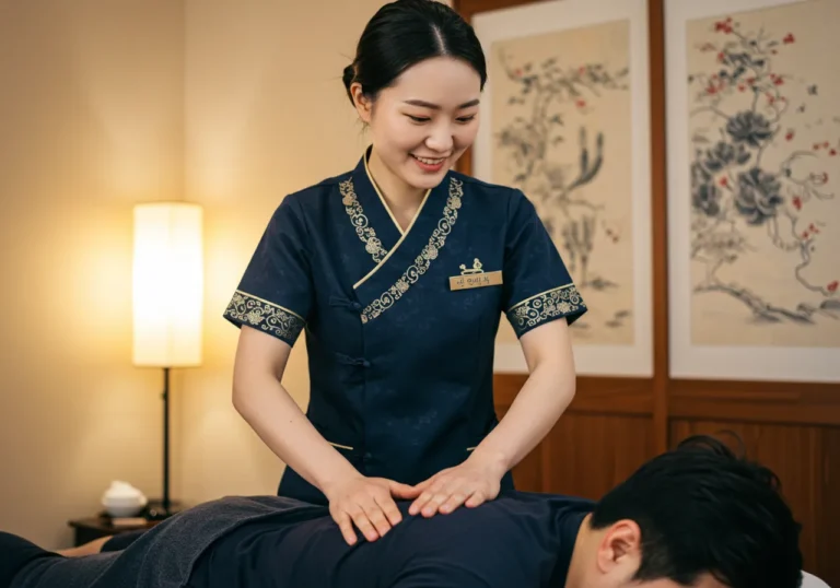목현동 출장안마 최고급 한국인 관리사가 상업지구 VIP 고객에게 프리미엄 마사지를 시연하는 고급스러운 장면