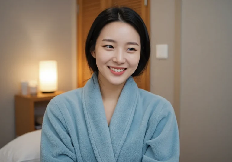 문형동 홈타이 전원지대 자연 힐링으로 완전한 휴식을 즐기는 50대 한국 여성의 평온한 미소
