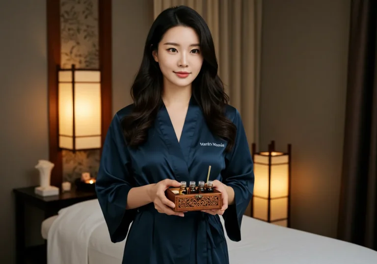 시연 사진으로 민락동 출장마사지 관리사가 진행 단계와 위생 수칙을 설명하는 절차 안내 장면입니다.