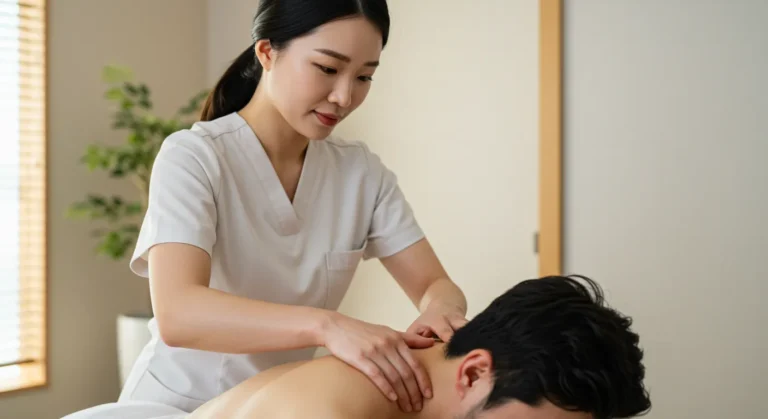 비봉 타이마사지를 하고 있는 한국 마사지 관리사가 황토볼과 옥돌로 온열관리하는 장면