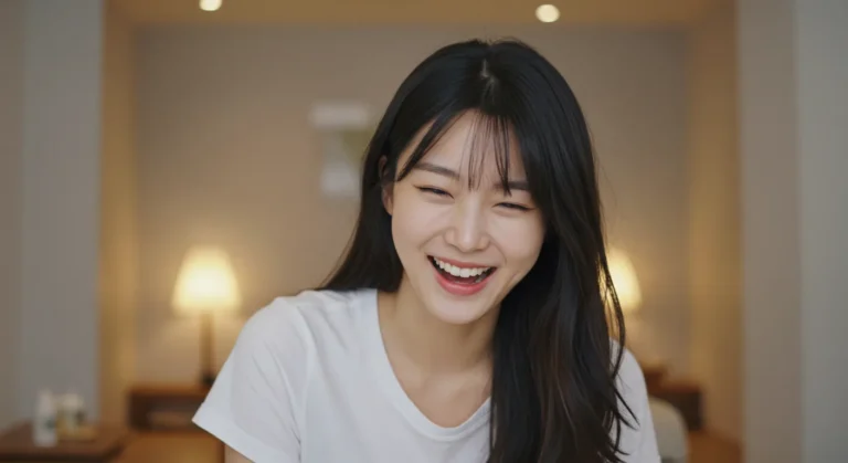 산척동 홈타이 이용 후 만족하는 한국 여성이 작업복 차림으로 개운해하는 모습