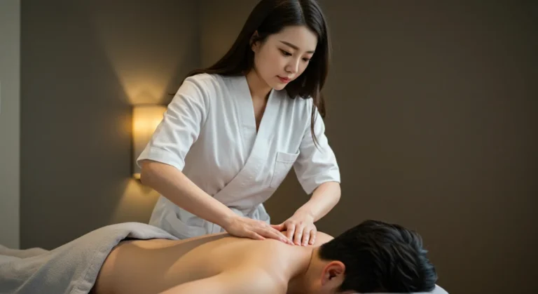산척동 타이마사지를 하고 있는 한국 마사지 관리사가 딥티슈 기법으로 뭉친근육 풀어주는 장면