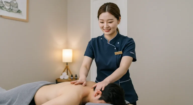 새솔동 타이마사지를 하고 있는 한국 마사지 관리사가 모던한 기법으로 관리하는 장면
