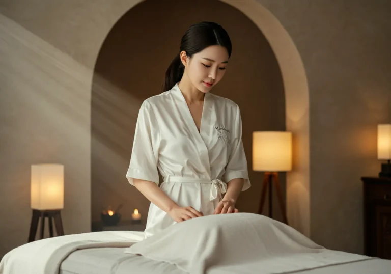 서교동 출장마사지 진행 사진—표준 드레이핑과 손 위생·도구 소독 등 위생 절차 장면.