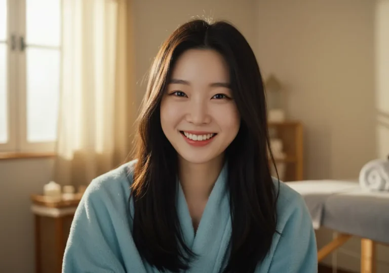 서둔동 홈타이 모찌바디 서비스 이용 후 만족하는 한국 여성의 우아한 표정으로 서정리역 고급 주거지 거주민들의 프리미엄 서비스 만족도를 보여주는 이미지