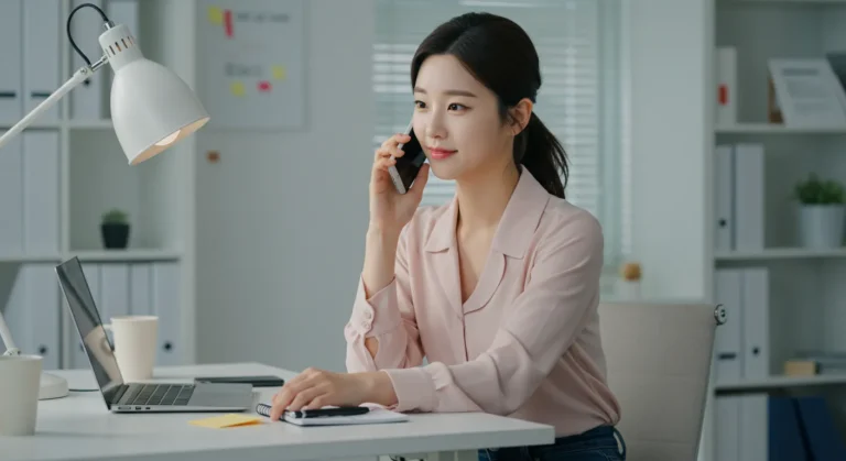 석우동 출장마사지를 전화로 예약하는 한국 사람이 헬스장에서 운동일정 확인하며 통화하는 모습