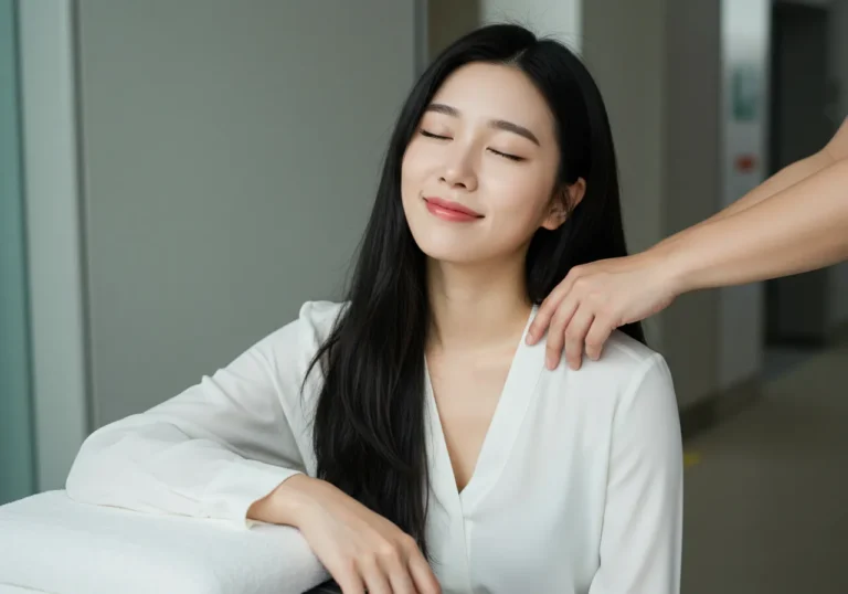 성산동 출장마사지 후기 이미지—케어 후 만족 표정과 사후 스트레칭 권장 사항 안내.