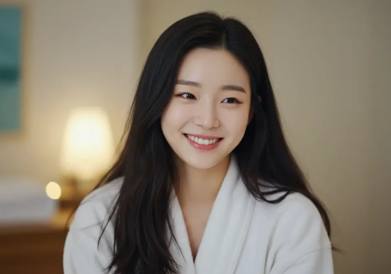 세류동 홈타이 모찌바디 이용 후 만족하는 한국 여성으로 평택역 근처 신도시 주민들의 높은 서비스 만족도를 보여주는 만족 장면