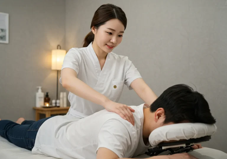세류동 출장안마 모찌바디 전문 한국 마사지 관리사가 세심한 케어를 제공하는 모습으로 평택역 일대 1인가구 고객들을 위한 안전한 홈케어 서비스 장면