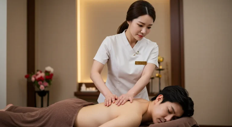 소하동 타이마사지 전문 한국 여성 관리사가 직장인 맞춤 마사지 테크닉을 적용하는 모습