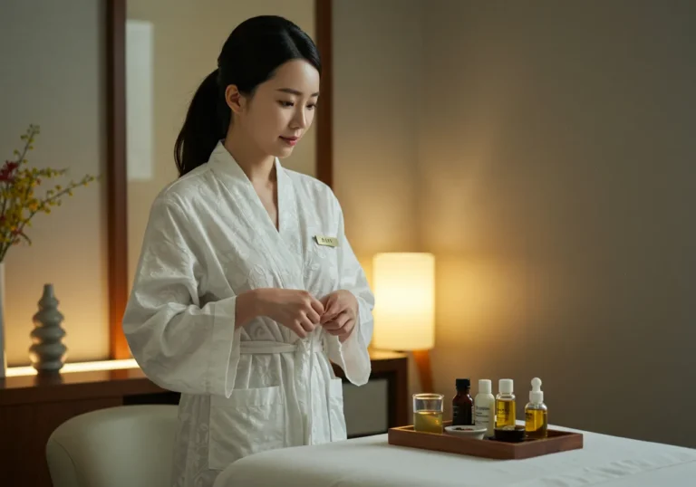 시연 사진으로 송내동 출장마사지를 진행하는 관리사가 위생과 동선 절차를 설명하는 현장 장면입니다.
