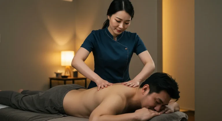 송동 타이마사지를 하고 있는 한국 마사지 관리사가 노인전문 케어기법 시연하는 장면